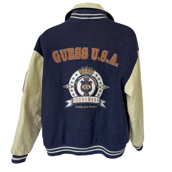 Vintage Guess USA Letterman Jacket 1981 Leather Wool Varsity Coat Men's Large - Picture 2 of 11